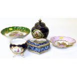 Royal Vienna lidded pot pourri vase, Crown Derby small vase signed Dean, Two limoges dishes and a