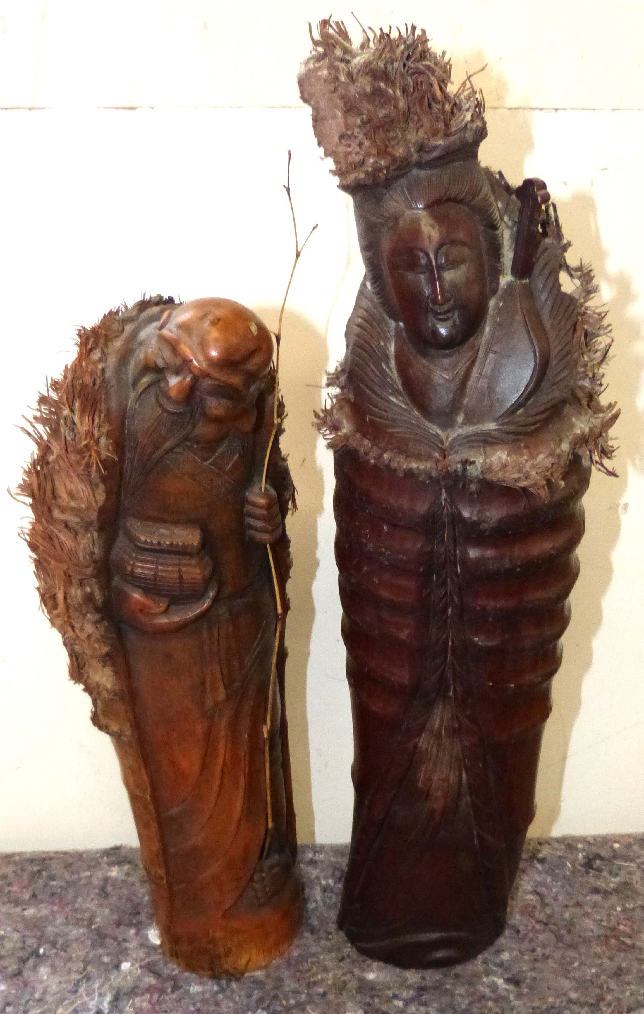 Two Oriental figures formed from bamboo 56 and 45cm tall Condition reports not available for this