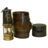 Miners lamp by Naylor, barrel flask initialled L.B and a cast iron weight Condition reports not