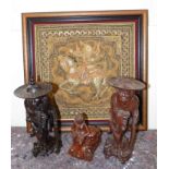 Klung Kung Bali wood carving, two Oriental root carvings and Gold coloured silkwork Asian picture