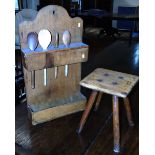 Pine spoon rack and a 19th century pine and elm milking stool Condition reports not available for