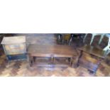 Oak nest of three tables, sewing table and magazine rack Condition reports not available for this