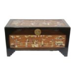 Late 19th century Chinese camphor wood chest, decorated with inlaid soapstone figures and in