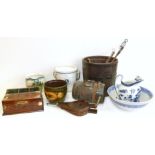 Two barrels, a wall clock, Tantalus base, wash jug and bowl, pail and two jardinières Condition