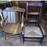 19th century sycamore rocking chair with rush seat and 19th century chair. Condition reports not