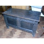 Oak coffer with wood hinges stamped S.S, 99cm. Condition reports not available for this auction