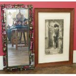 Burlington proof sepia print of young boy titled "Love Locked Out" in oak frame and modern mirror