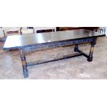 17th century design oak refectory table rectangular top on four turned legs, H stretchers