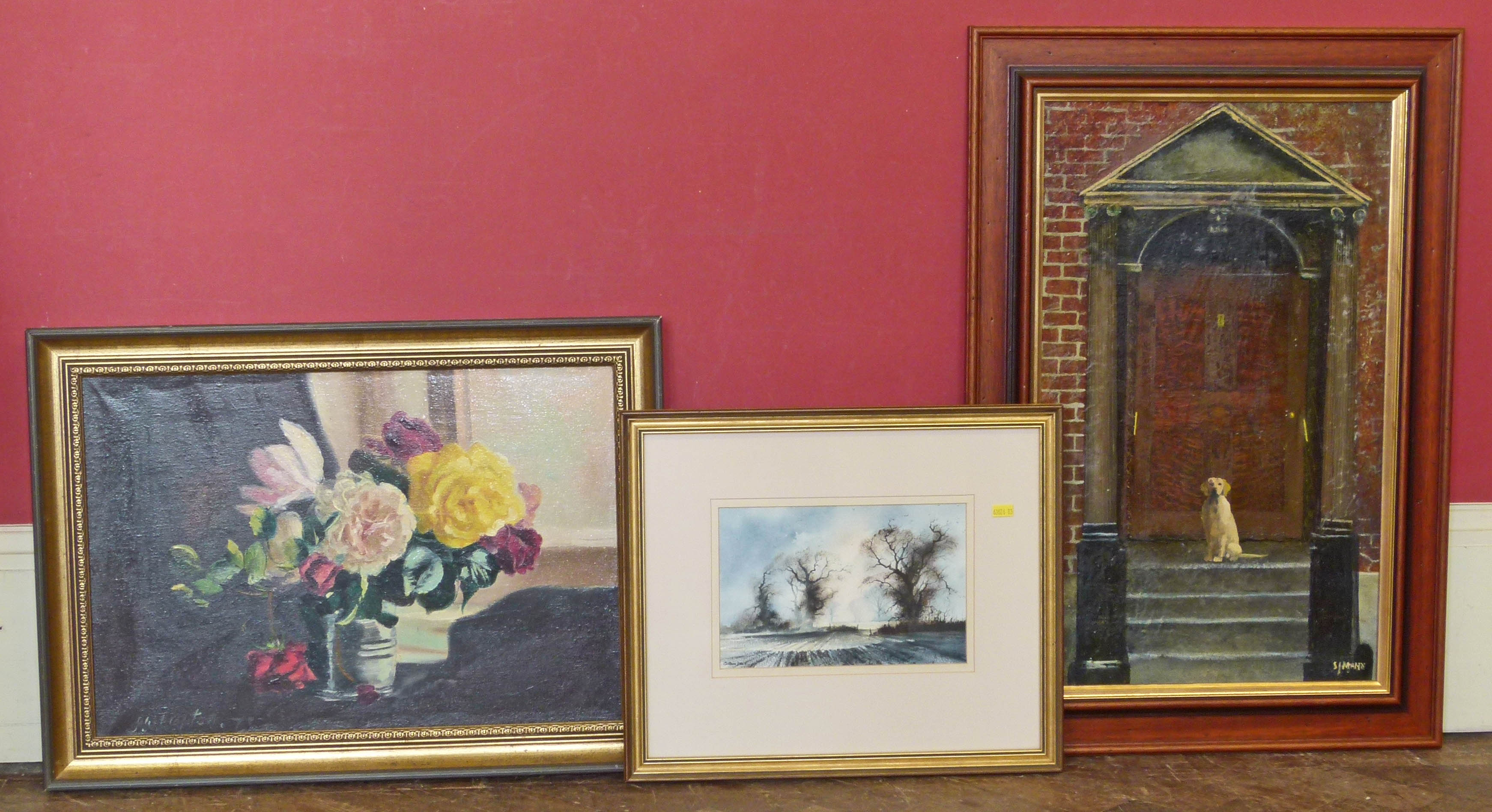 H. W. Clapton, floral still life, oil, S.J Mann, dog in front of a door, oil and Gordon Dale,