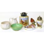 Locke & Co Worcester tobacco jar, sugar sifter, Belleek jug and bowl, Beswick bird and two small