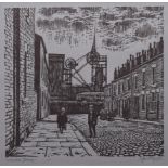 Roger Hampson, "Lune Street, Tyldesley", linocut.