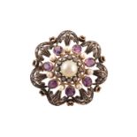 An early 20th Century cultured pearl, amethyst and diamond brooch,