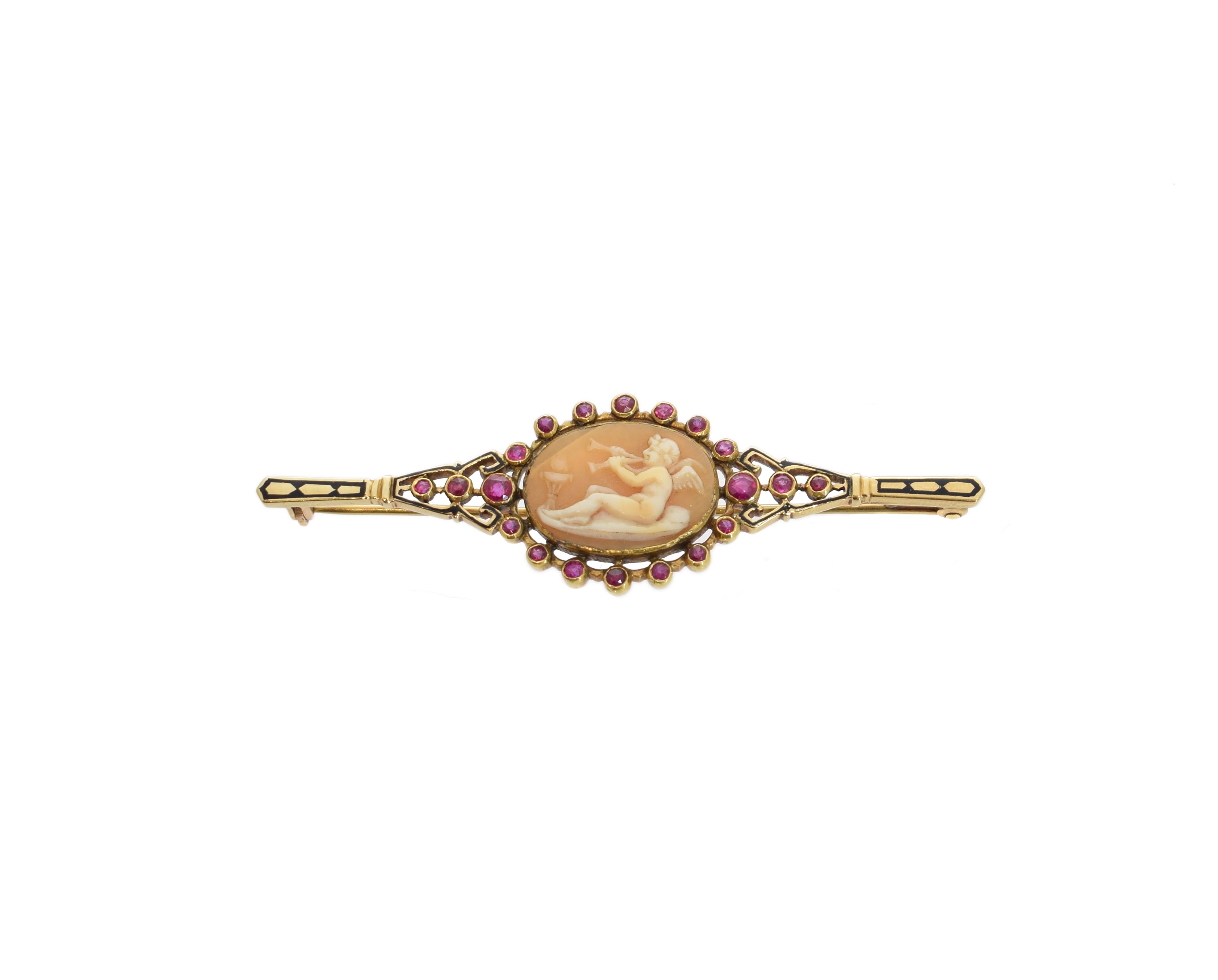 A late 19th century shell cameo, enamel and ruby bar brooch,