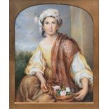 Framed miniature portrait of a lady holding a basket of flowers.