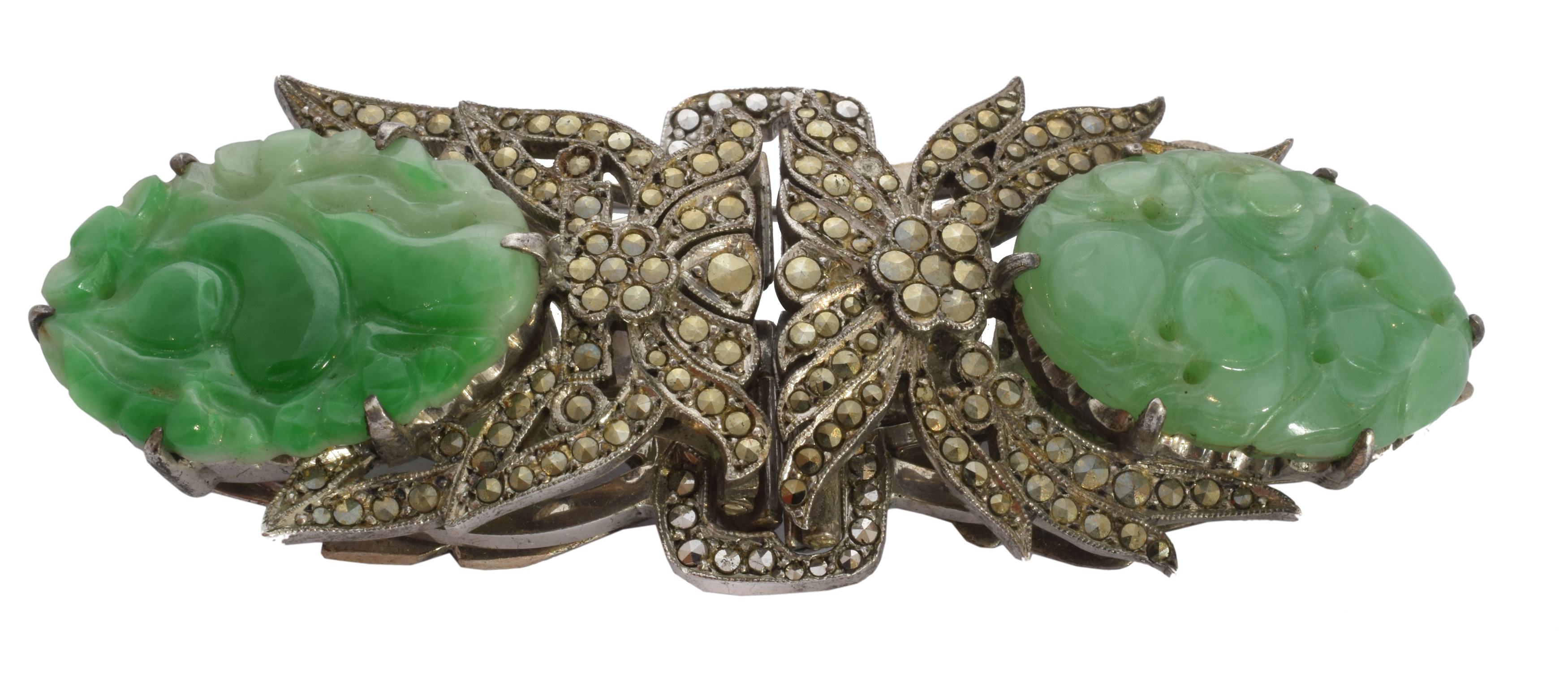 A jade and marcasite double clip brooch,