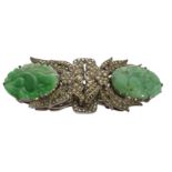 A jade and marcasite double clip brooch,