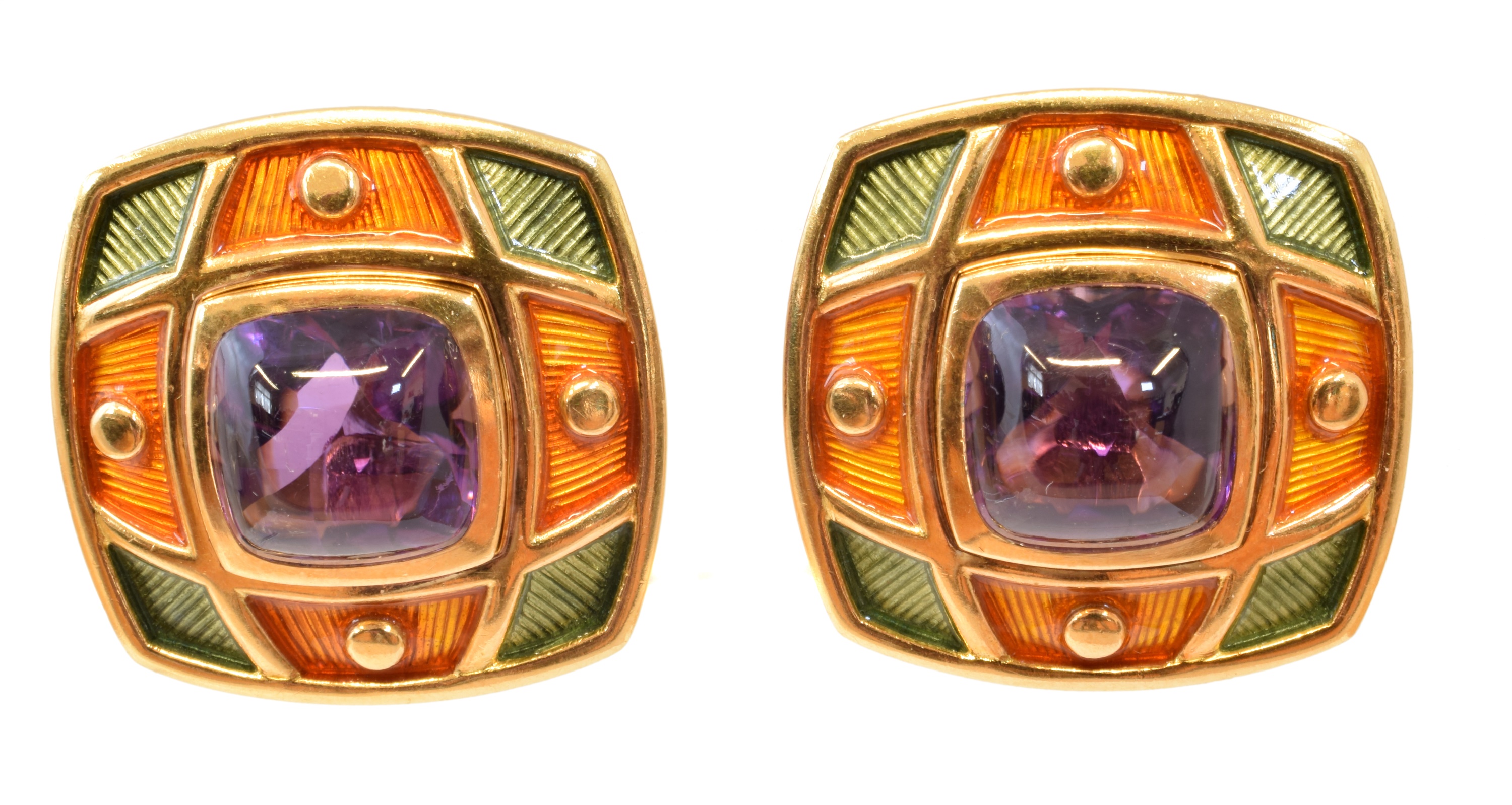 A pair of 18ct gold Leo de Vroomen amethyst and enamel earrings,