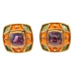 A pair of 18ct gold Leo de Vroomen amethyst and enamel earrings,