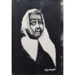 Roger Hampson, "Old Woman in Scarf", monoprint.