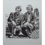 Roger Hampson, "Squatting Miners", linocut.