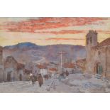 Henry Charles Brewer, Mountainous Spanish scene at sunset, watercolour.