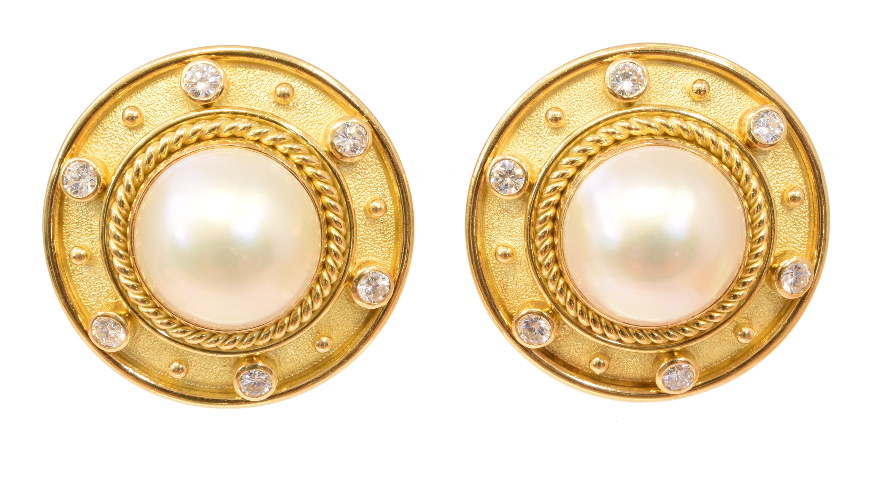 A pair of 18ct gold Leo de Vroomen mabe pearl and diamond earrings,