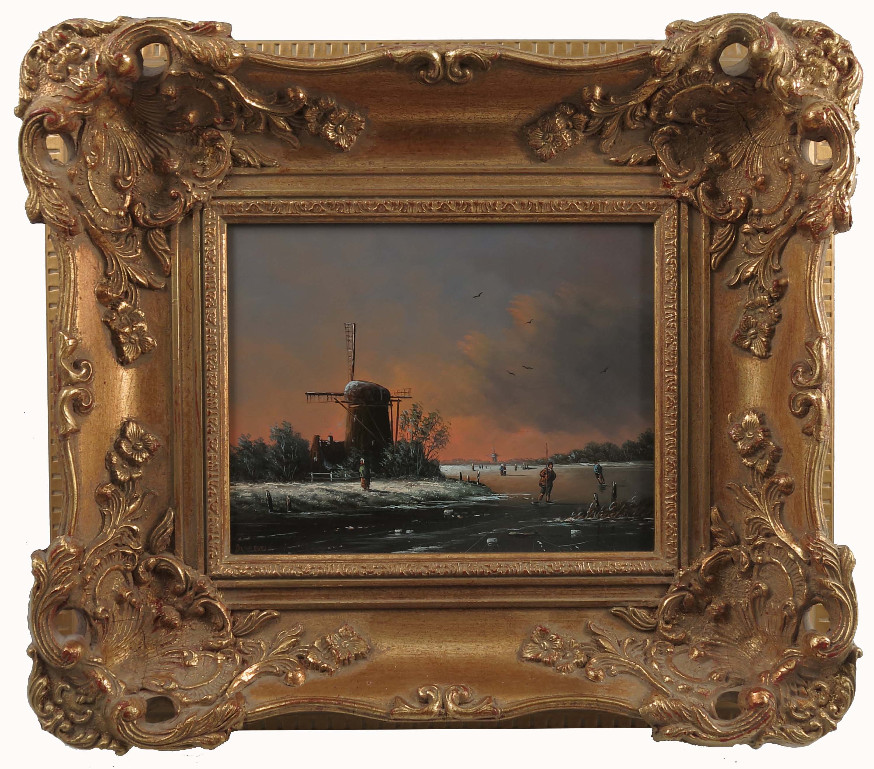 B Breedveld, oil on board, Dutch winter evening scene, 7ins x 9.5ins