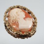 A shell cameo brooch, unmarked, of a female in profile, to a leaf frame, 3.8cm, 8g gross