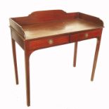 A 19th century mahogany wash stand, with gallery back, fitted with two gallery drawers, raised on