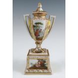 A Vienna porcelain covered pedestal vase, decorated with panels of figures in landscape and