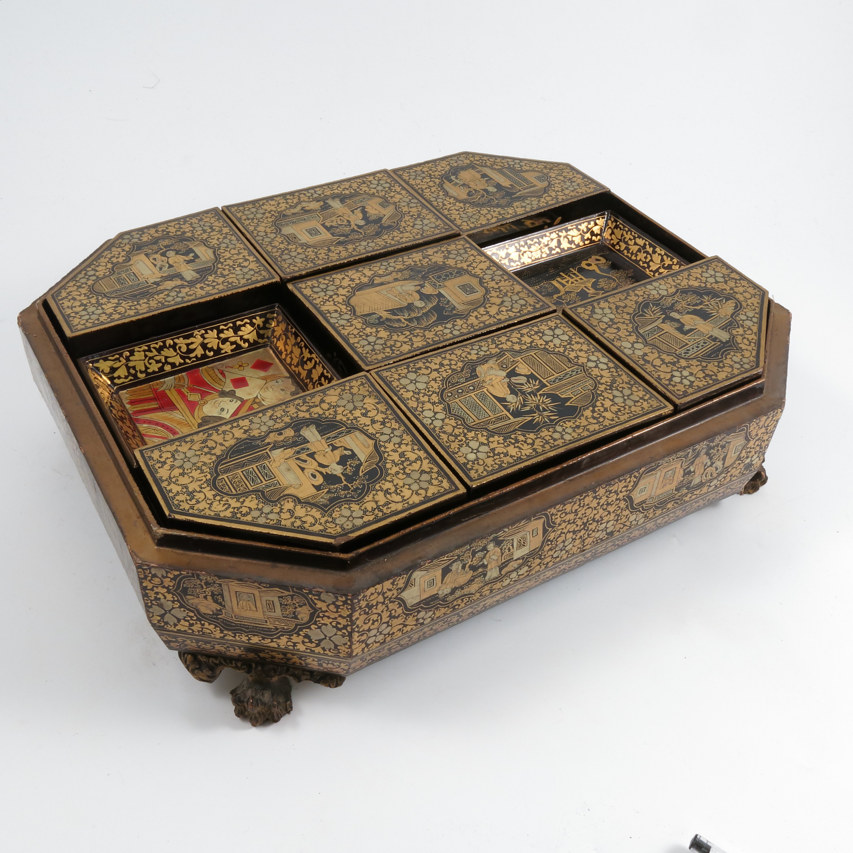 A 19th century Oriental black lacquer and gilt games box, of octagonal form, the lid and sides - Image 2 of 5