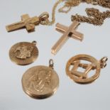 A 9 carat gold cross pendant, on a chain, together with another, a 9 carat gold St Christopher