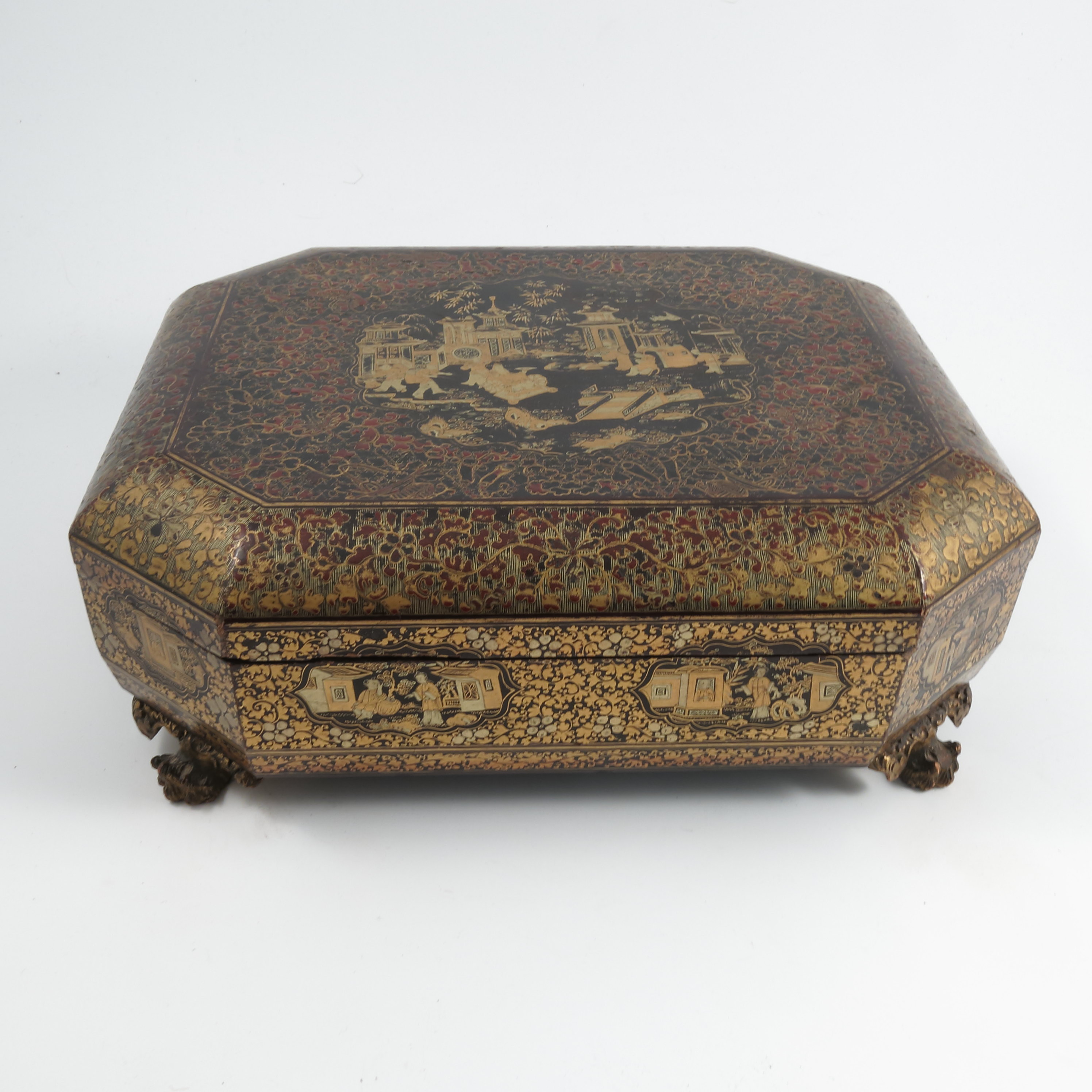 A 19th century Oriental black lacquer and gilt games box, of octagonal form, the lid and sides - Image 3 of 5