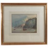 A 19th century watercolour, figures in row boats approaching the shore with cliffs, 6.5ins x 9ins