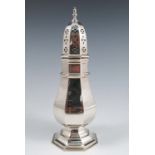 A silver sugar caster, of hexagonal baluster form, Birmingham 1935, weight 6oz, height 8.5ins