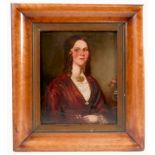 An oil on canvas, portrait of a woman in Victorian dress, 12ins x 9.5ins, in a swept birds eye maple
