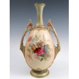 A Royal Worcester blush ivory vase, the bulbous body decorated with flowers, having a pair of