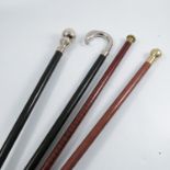 Four modern walking sticks, two with brass tops, two with plated tops, one with mother of pearl, the