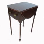 A mahogany drop leaf occasional table, fitted with a frieze drawer, raised on turned legs, height