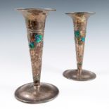A pair of Liberty & Co silver and enamel trumpet vases, possibly by Archibald Knox, decorated with