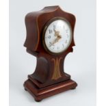 An Edwardian mahogany mantel clock, of shaped balloon form, with inlaid decoration, the white enamel