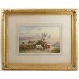 Henry Earp, pair of watercolours, cattle watering and cattle and sheep with water and trees, 8.25ins