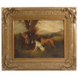 A 19th century English School, oil on canvas, a man leaning on a stile with his two lucher dogs, af,
