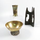 A Keswick Arts and Crafts brass vase, height 4ins, together with a silverplate and brass bowl, and