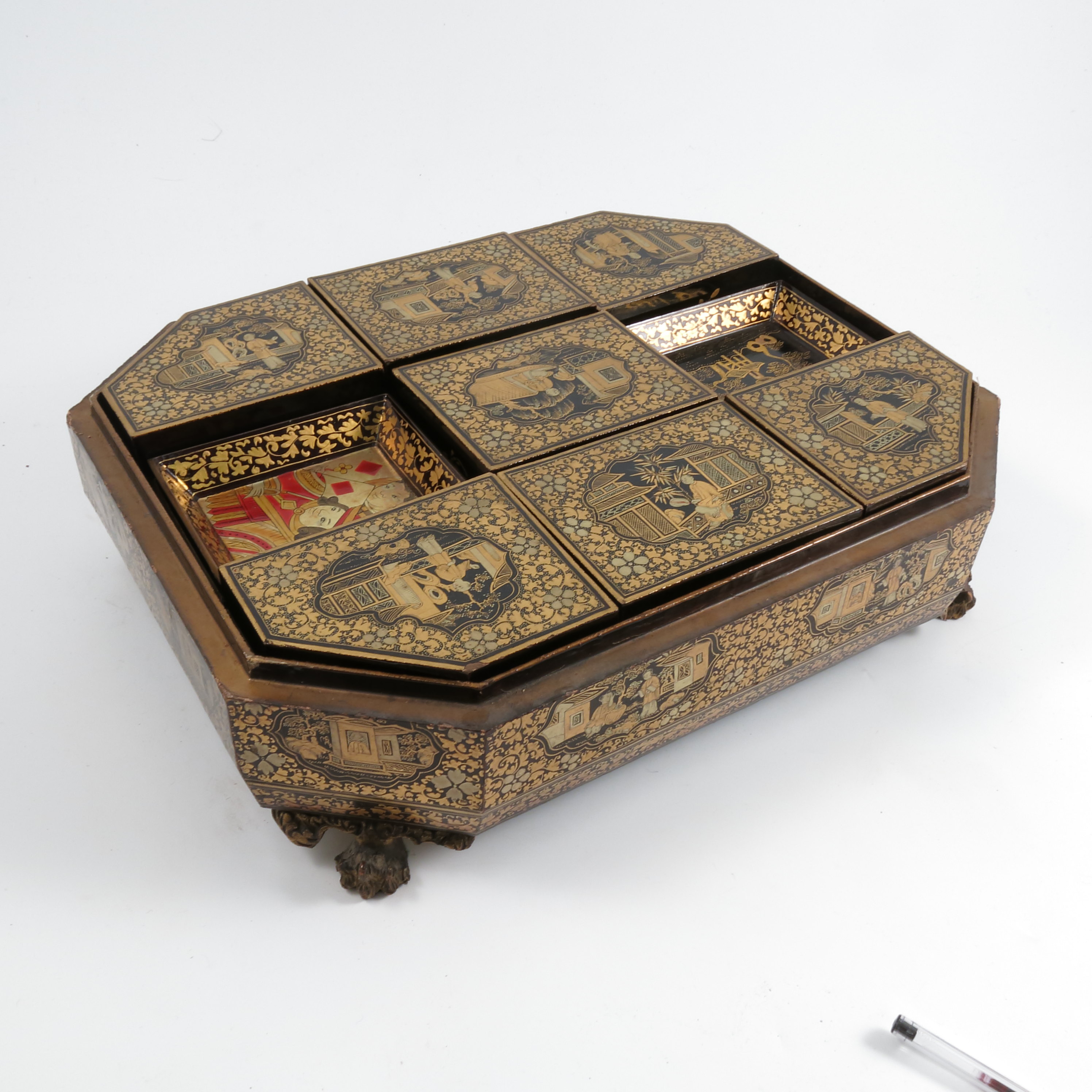 A 19th century Oriental black lacquer and gilt games box, of octagonal form, the lid and sides - Image 5 of 5