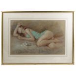 John Hallett, watercolour, girl reclining on a bed, 12.75ins x 21ins