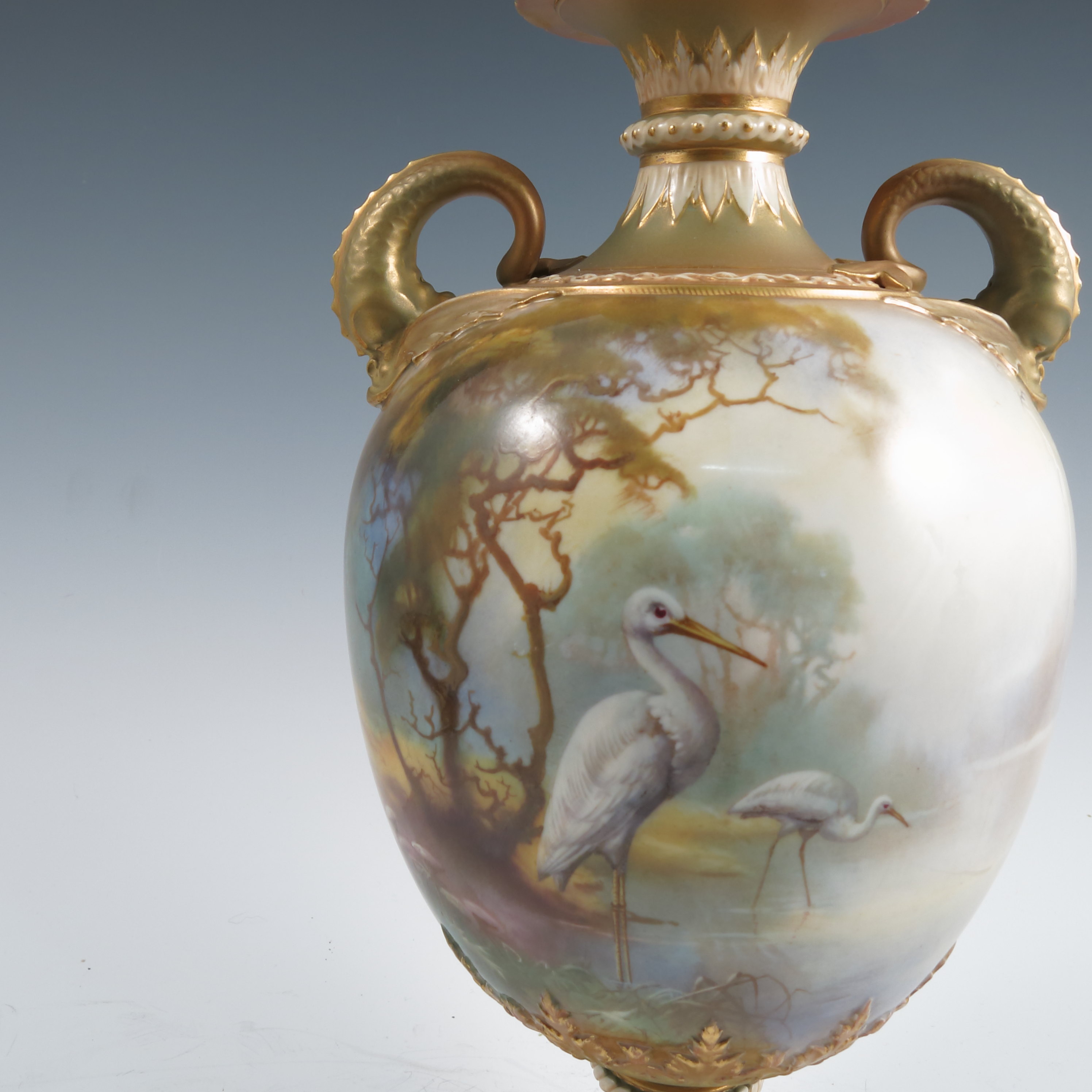 A Royal Worcester vase, decorated all around with storks in a river landscape by W Powell, having - Image 4 of 5