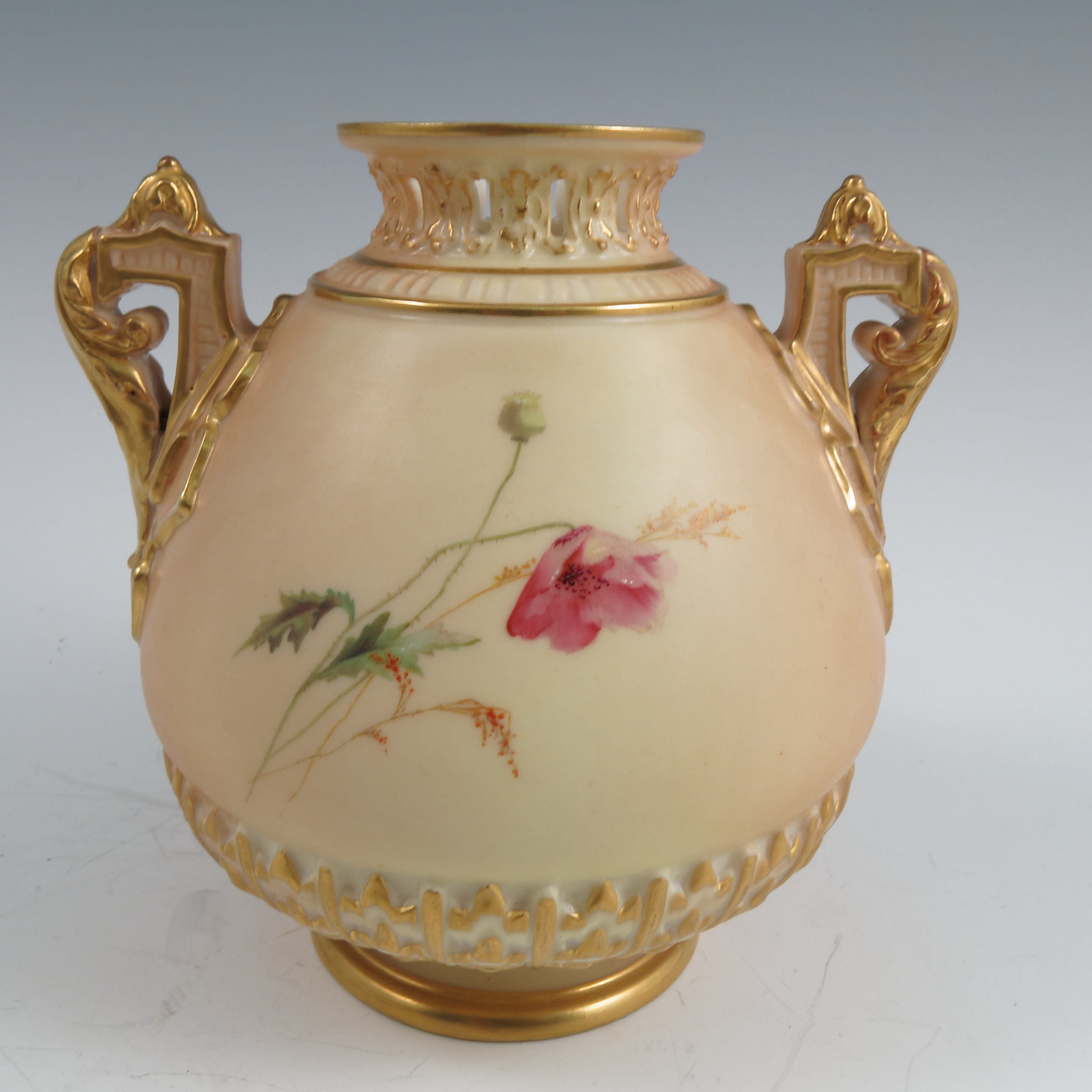A Royal Worcester blush ivory two handled vase, decorated with poppies and insects, with pierced - Image 2 of 3
