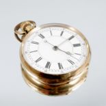 An open faced pocketwatch, with stopwatch action, the case stamped '18k', white enamel dial with