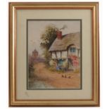 Dudley Hughes, watercolour, Compton Hants, thatched half timbered cottage with birds in land and